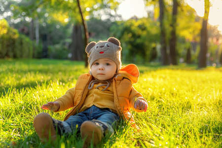 Portrait of a cute toddler boy sitting on the green grass outdoor in autumn park at sunset. A kid walks in the park on open air. Happy autumn and lifestyle concept. Childhoodの写真素材