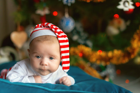 Portrait of a newborn child in a striped cap against the background of a Christmas tree. Astonished newborn baby with beautiful blue eyes looking at camera.の写真素材