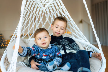 Happy adorable kid and cute baby boy sitting in a swing chair in decorated room on Christmas day or morning. Smiling children, siblings, little brothers having fun at home. New Year's mood.の写真素材