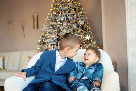 Happy laughing little children. Loving brothers in high spirits looking forward to Christmas. Overjoyed adorable kids having fun on winter holidays near decorated Christmas tree at homeの写真素材