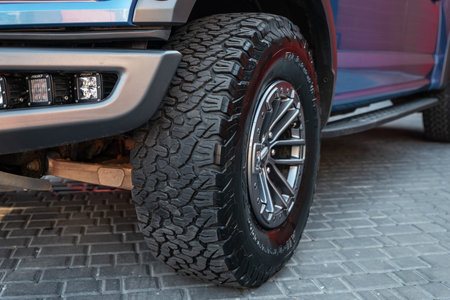 Ukraine, Odessa July 8 - 2021: New Ford Ranger Raptor blue color on the parking. Focus on the front...
