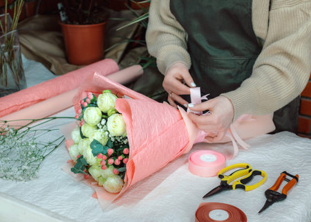 Female florist creating beautiful bouquet at workplace in flower shop, close up. Floristics workshop. Making beautiful flower bouquets and floral decorationsの写真素材