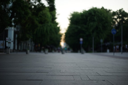 A low shot of the main pedestrian street in Stara Zagora. You could see the pavement texture and in...