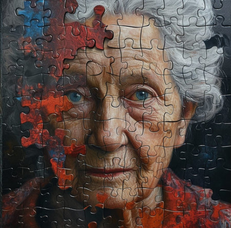Portrait of an elderly woman with a puzzle on a dark backgroundの素材