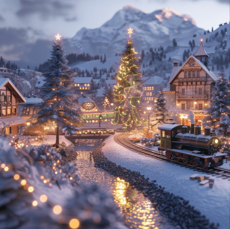 Christmas and New Year holidays background with Christmas tree, train and snow covered houses.の素材