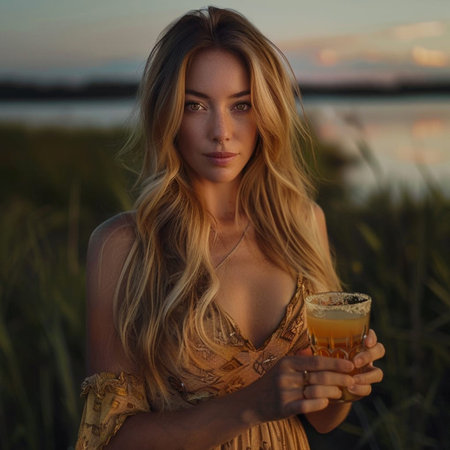 Beautiful young woman with a glass of orange juice at sunset.の素材