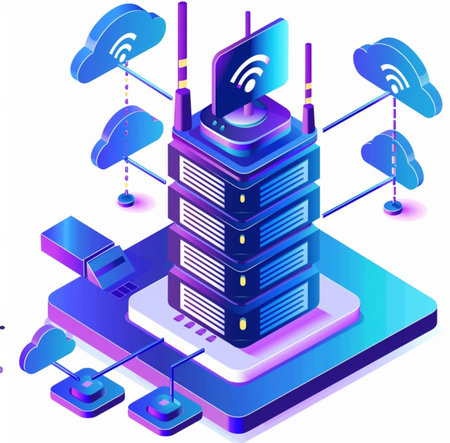 Isometric server room with wireless connection. 3D vector illustration.の素材