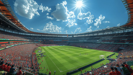 3D render of a large football stadium full of fans and supportersの素材