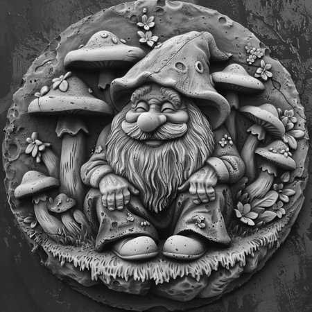 Garden gnome with flowers and leaves. Monochrome.の素材