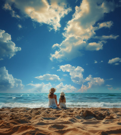 Two girls sitting on the sand by the sea under a blue sky with cloudsの素材