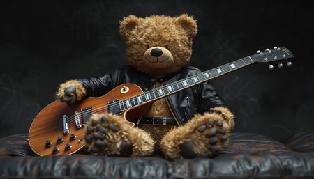 Teddy bear in leather jacket with electric guitar on black background.の素材
