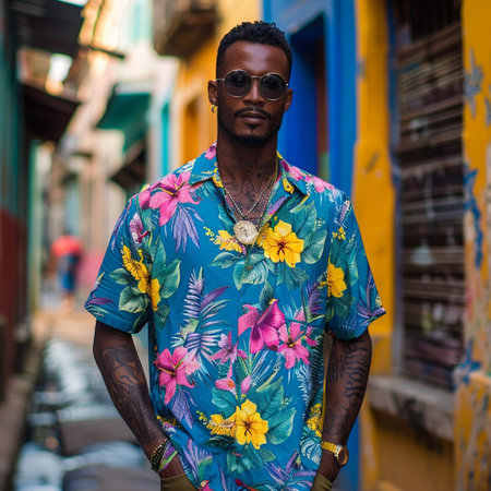 Portrait of a handsome young African man wearing colorful shirt and sunglassesの素材