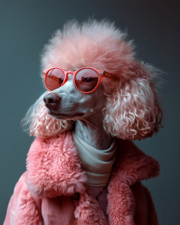 Studio portrait of a red poodle wearing pink coat and sunglasses.の素材