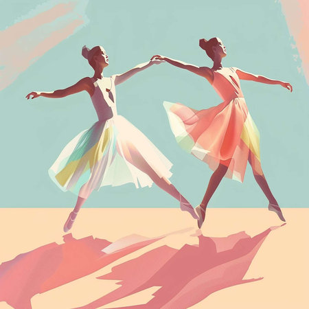 Two beautiful ballerinas dancing on the beach. Vector illustration.の素材