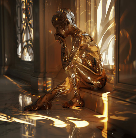 3d render of a woman with golden bodyart in the interiorの素材