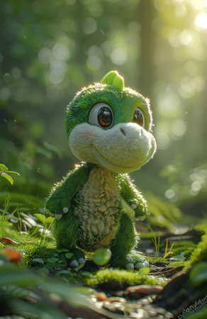 Cute green frog doll in the forest, soft focus background.の素材