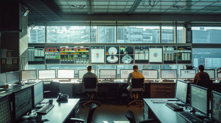 Rear view of a group of business people working on computers in a modern officeの素材