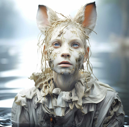 Portrait of a girl in a white mask on the background of waterの素材