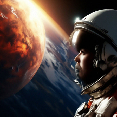 Astronaut in outer space looking at the sun and stars.の素材