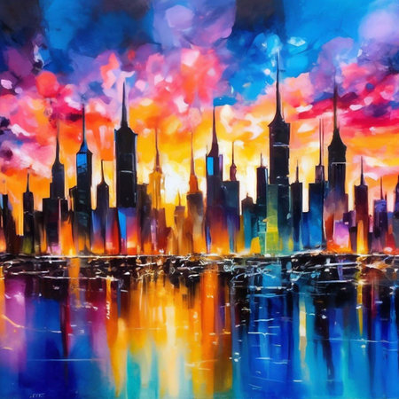 Watercolor painting of Shanghai skyline with skyscrapers at sunset.の素材