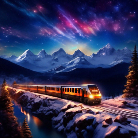 Train on a high-speed train in the mountains at night. Digital painting.の素材
