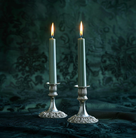 Two silver candlesticks with burning candles on a dark background.の素材