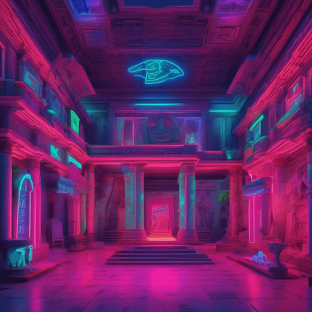 3D rendering of an ancient Egyptian temple in neon light. Digital painting.の素材