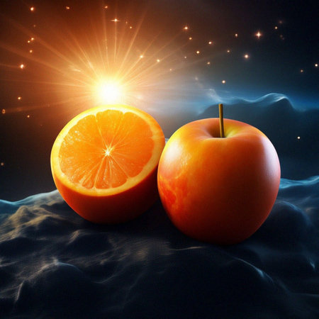 Orange and apple on a background of the sky with rays of lightの素材