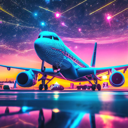 Airplane on the background of the night sky. 3d renderingの素材