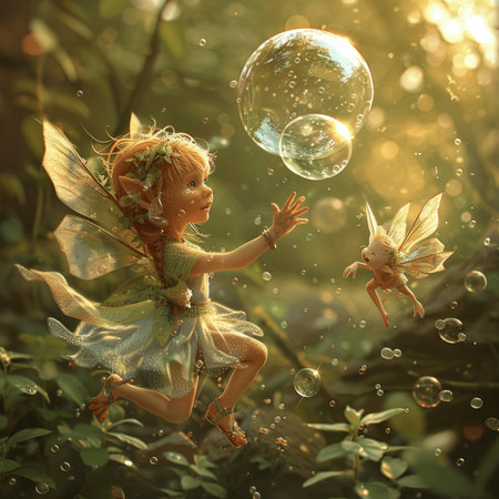 Little fairy with soap bubbles in the forest. 3d rendering.の素材