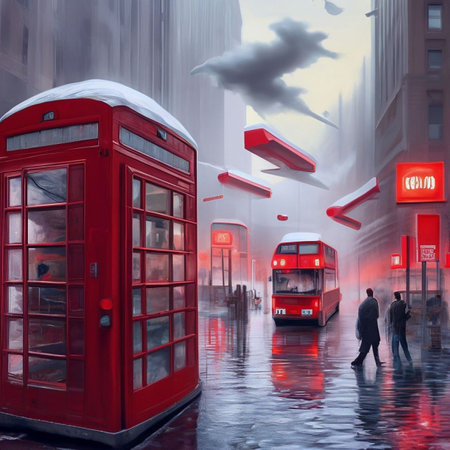 London street with red telephone booth and people walking in the rain.の素材