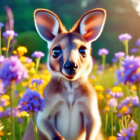 Kangaroo in the field of flowers. Beautiful kangaroo portrait.の素材