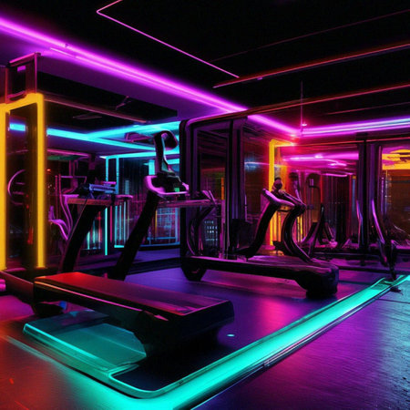 Interior of a fitness club with neon lights. 3D renderingの素材
