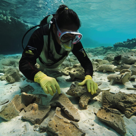 Underwater shot of a woman scuba diver looking at coral reefの素材