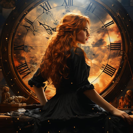 Beautiful woman with long curly hair sitting near the old clock.の素材