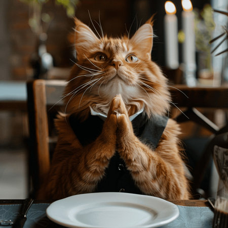 Cute ginger maine coon cat in a black suit and bow tie sits in a cafe.の素材