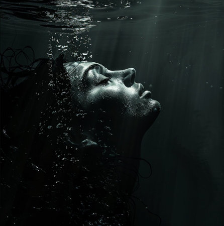 Beautiful young woman underwater in dark water. 3d rendering.の素材