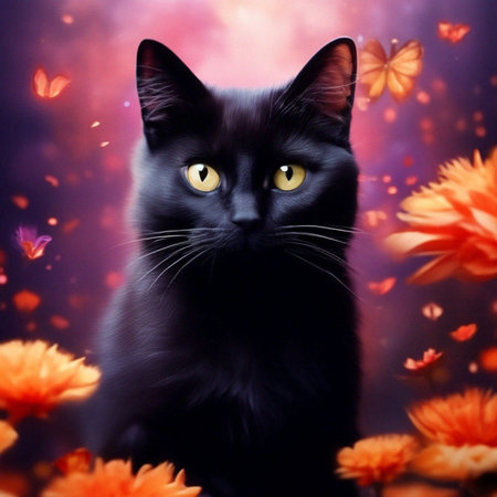 Black cat with orange flowers on a dark background. Beautiful black cat.の素材