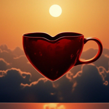 Cup of coffee with heart shape on sunset background. Valentines dayの素材