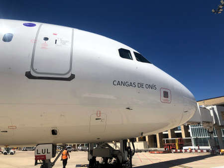 Seville Airport, Spain; May 12 of 2021: Iberia Airlines Airbus A-320 airplane baptized with the name of Cangas de OnÃ­s, as the famous medieval town of Asturias, Spainのeditorial素材