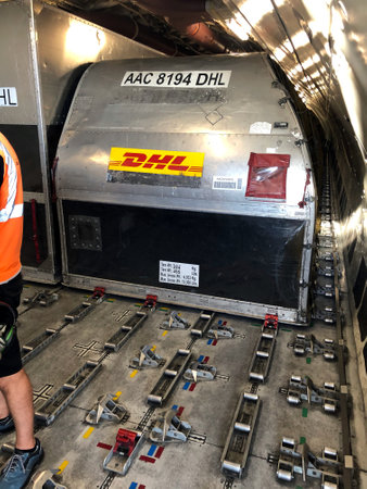 Cargo container inside a freight aircraft of the international company DHLのeditorial素材