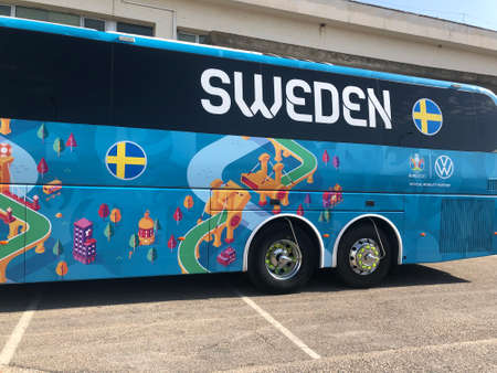 UEFA Euro 2020 Soccer Championship, official bus of the Swedish National Team awaiting the arrival of the team at Seville Airport, Andalusia, Spain; one of its headquartersのeditorial素材
