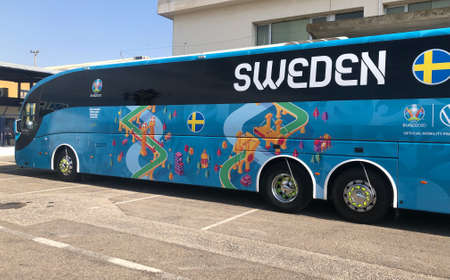 UEFA Euro 2020 Soccer Championship, official bus of the Swedish National Team awaiting the arrival of the team at Seville Airport, Andalusia, Spain; one of its headquartersのeditorial素材