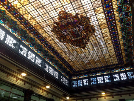 Stained glass detail of the ceiling at the Bank of Spain in Seville downtown, in Andalusia, Spainのeditorial素材