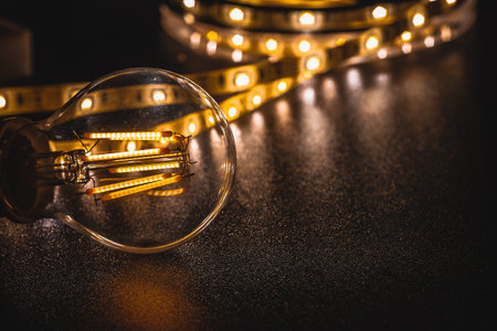 Soft focus of transparent light bulb placed on black table near glowing yellow LED stripの写真素材