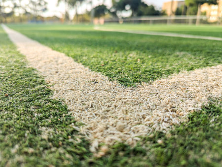 White stripe on the green soccer field, football field grass, on a sunny dayの写真素材