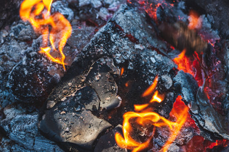 Glowing Amber Flames Over Dark Charcoal Ashesの写真素材