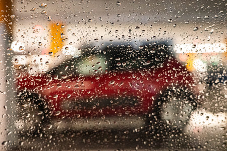 Rain Drops on Car Window with Blurred Red Vehicle in Background Atmospheric Urban Scene