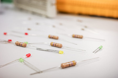 Assortment of resistors and LEDs on white surface