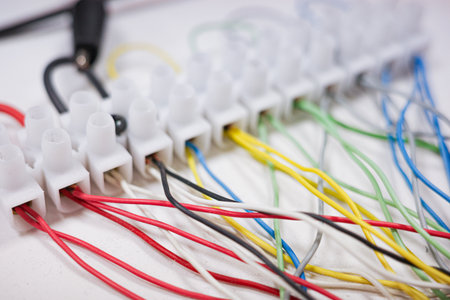 Colorful electrical wiring connected to terminal stripの写真素材